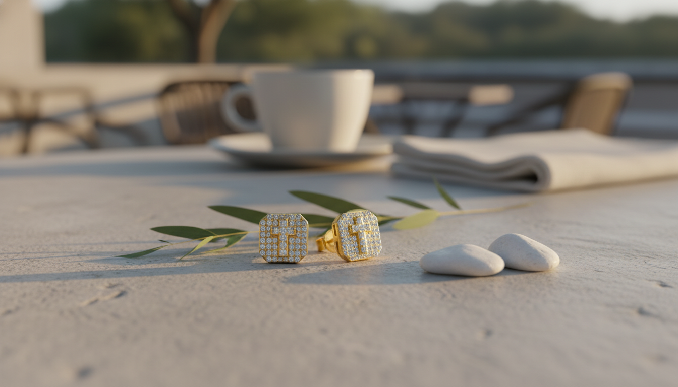 Modern Square Cross Moissanite Studs (Gold Plated)
