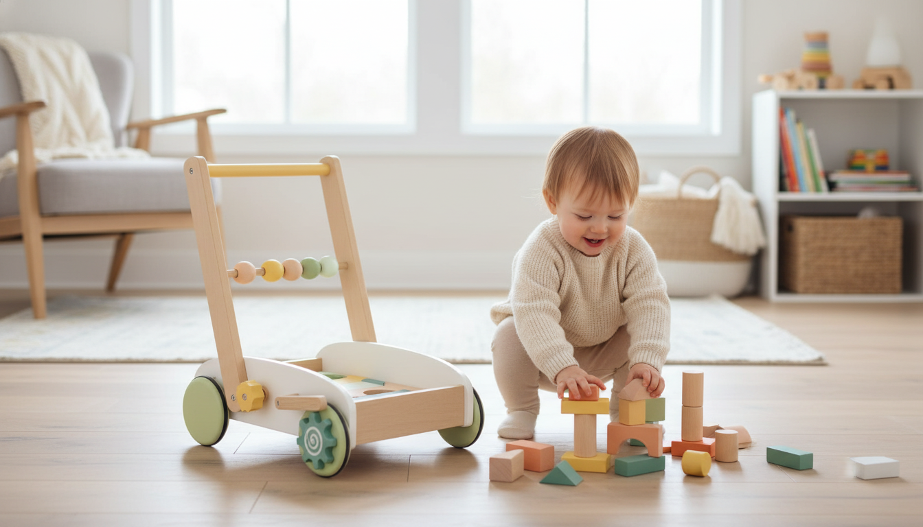 Wooden Push Walker & Blocks for First Steps (Toddler)