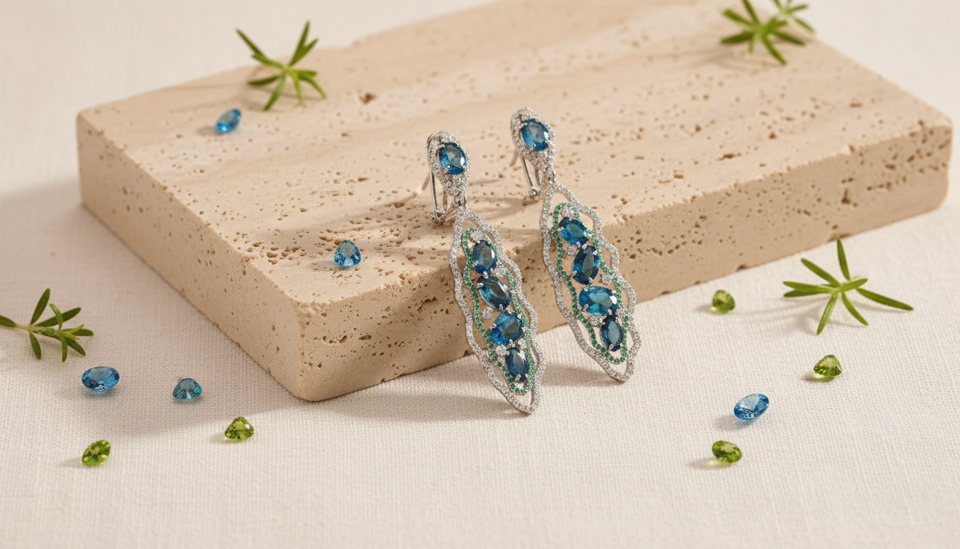 Handmade London Blue Topaz Dangle Earrings in 925 Silver
